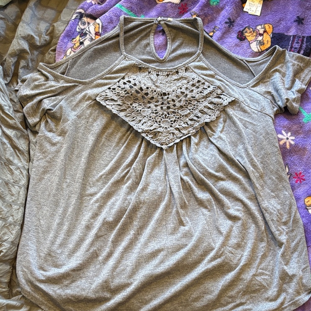 Amazon Gray Lace Cold Shoulder Blouse